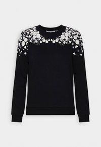 Schwarzer Sweatshirt mit weißer floralem Stickerei an der Schulter, Rundhalsausschnitt und langen Ärmeln mit gerippten Bündchen.