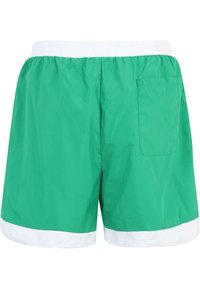 Grønne badedragtshorts med hvid elastisk talje, hvid kant og en baglomme. Fremstillet af letvægts vandafvisende materiale.