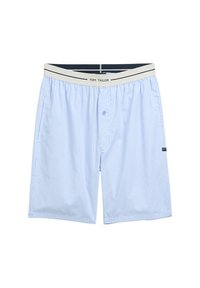 Blauwe gestreepte zwembroek met een elastische tailleband, voorzien van een wit logo, een knop aan de voorkant en zijzakken, gemaakt van lichtgewicht stof.