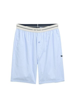 Short de bain rayé bleu avec une taille élastique, présentant un logo blanc, un bouton sur le devant et des poches latérales, fabriqué à partir d'un tissu léger.