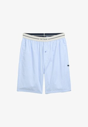 Blue striped swim shorts with an elastic waistband featuring a white logo, front button, and side pockets, made from lightweight fabric.