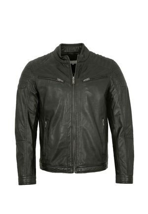 Black leather jacket with front zipper, zippered chest pockets, and quilted detailing on shoulders and upper arms.