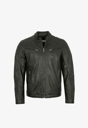 Schwarze Lederjacke mit Frontreißverschluss, mit Reißverschlusstaschen an der Brust und gesteppter Detailverarbeitung an Schultern und Oberarmen.