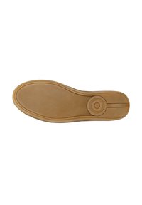 Semelle de chaussure en caoutchouc brun avec un motif circulaire et une surface texturée, bord arrondi et profil plat. Contient un accent près du talon.