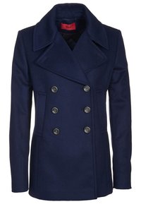 Tmavě modrý dvouřadový kabát z vlněné směsi, s velkým klopovým límcem, šesti knoflíky a bočními kapsami. Hladká, texturovaná látka.