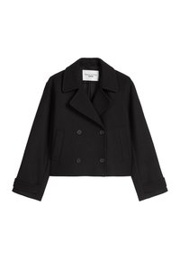 Manteau péacoat noir court avec un devant à double boutonnage, de larges revers, deux poches latérales et des poignets boutonnés. Fabriqué en mélange de laine texturé.
