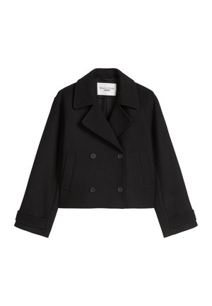 Schwarze kurze Peacoat mit einer doppelt geknöpften Vorderseite, breiten Revers, zwei Seitentaschen und geknöpften Manschetten. Hergestellt aus strukturiertem Wollmischgewebe.