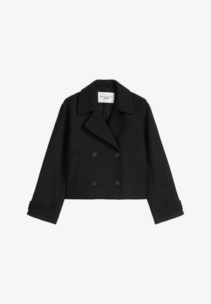 Black cropped peacoat with a double-breasted front, wide lapels, two side pockets, and buttoned cuffs. Made from textured wool blend material.