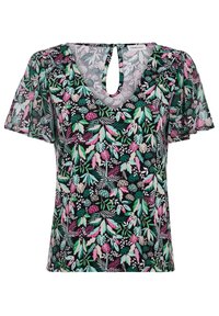 Bluse mit floralem V-Ausschnitt aus durchsichtigem Stoff, verziert mit grünen, rosa und cremefarbenen botanischen Drucken auf schwarzem Hintergrund. Mit einem Ausschnitt im Rücken.