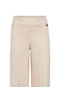 Crème kleur brede broek met een gestructureerde afwerking, een hoge elastische tailleband en zijzakken. Kenmerkt zich door gestikte details langs de naden.