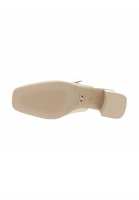 Sole di scarpa con tacco alto beige con una texture liscia, caratterizzata da un tacco leggero e un motivo di presa in gomma, contrassegnata dal marchio e dalla taglia.
