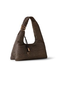 Textured brown handbag with a triangular shape, featuring a large handle, gold hardware accent, and a zippered compartment.