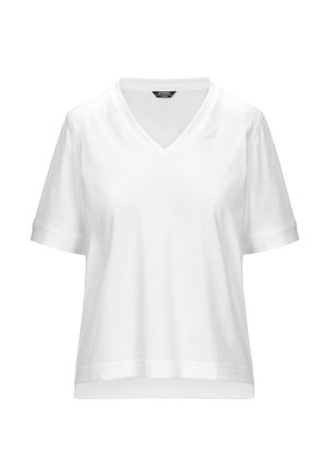 Weißes T-Shirt mit kurzen Ärmeln und V-Ausschnitt, locker geschnitten und mit kleinem Markenlogo auf der oberen linken Brust.
