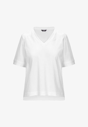 Weißes T-Shirt mit kurzen Ärmeln und V-Ausschnitt, locker geschnitten und mit kleinem Markenlogo auf der oberen linken Brust.