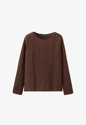 Brown knitted long-sleeve sweater with a round neckline and a slightly loose fit, displayed against a white background.