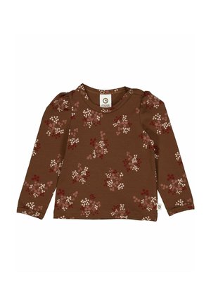 Brązowa koszulka niemowlęca z długim rękawem z małymi różowymi i czerwonymi kwiatowymi bukietami oraz zapięciem na guzik na ramieniu.