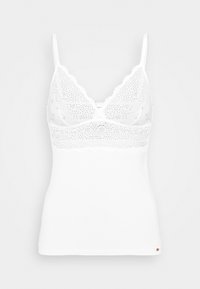 White camisole with lace trim and a patterned mesh upper. Features adjustable straps and a smooth, form-fitting bottom.