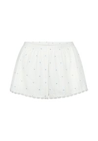 Witte shorts van lichte stof, versierd met kleine blauwe hartjespatronen en een gevelde kanten rand aan de zoom. Elastische tailleband voor een goede pasvorm.