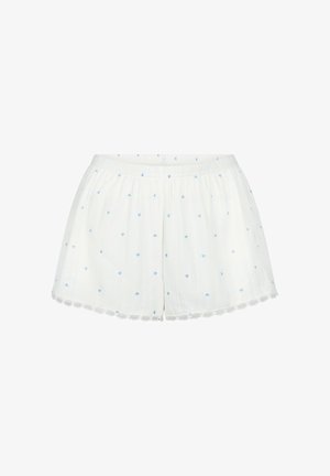 Witte shorts van lichte stof, versierd met kleine blauwe hartjespatronen en een gevelde kanten rand aan de zoom. Elastische tailleband voor een goede pasvorm.