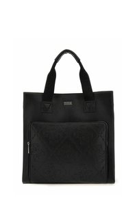 Sac fourre-tout en cuir noir avec double poignée, doté d'une poche avant texturée avec un motif en relief et une petite plaque logo.