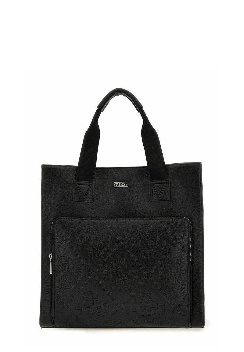 Sac fourre-tout en cuir noir avec double poignée, doté d'une poche avant texturée avec un motif en relief et une petite plaque logo.