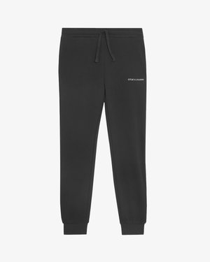Calças de moletão pretas feitas de material suave, com um cordão na cintura, punhos ajustados e um logótipo branco na coxa esquerda.