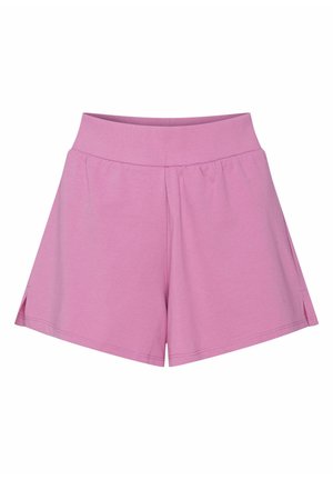 Rosa Shorts mit einem breiten elastischen Bund, aus einem weichen Material gefertigt. Verfügt über Seitenschlitze für zusätzlichen Komfort und eine entspannte Passform.