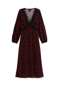 Robe noire à fleurs avec des roses rouges, manches bouffantes longues, décolleté en V bordé de dentelle et design fluide arrivant au genou. Texture de tissu lisse.