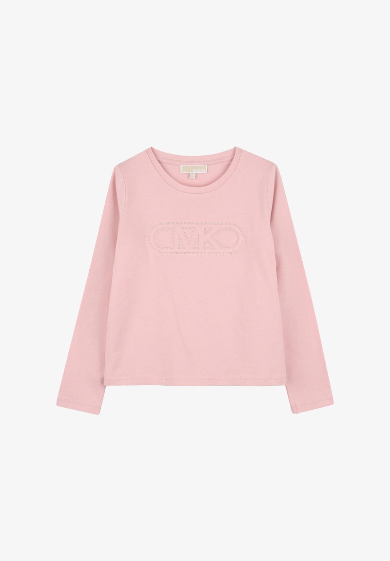 Ροζ μπλουζάκι με μακριά μανίκια, φτιαγμένο από μαλακό ύφασμα, που διαθέτει ένα υφασμένο λογότυπο στο κέντρο. Στρογγυλή λαιμόκοψη με άνετη εφαρμογή, χωρίς σχέδια ή λεπτομέρειες.