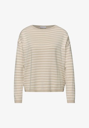 Béžový a krémový svetr s dlouhým rukávem s horizontálními pruhy, s kulatým výstřihem a žebrovanými manžetami a lemem.