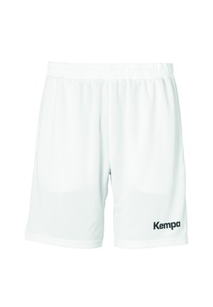 Shorts de sport blancs en tissu léger, dotés d'une taille élastique et d'un logo "Kempa" noir en bas à gauche.