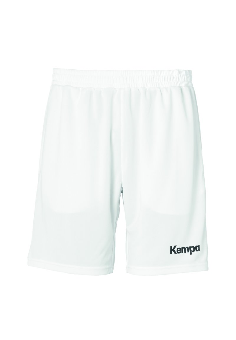Hvide sports shorts lavet af letvægtsstof, med elastisk talje og sort "Kempa" logo i nederste venstre hjørne.