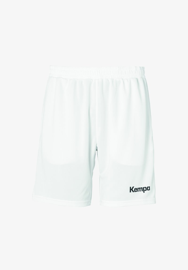White sports shorts made of lightweight fabric, featuring an elastic waistband and black "Kempa" logo on the lower left side.