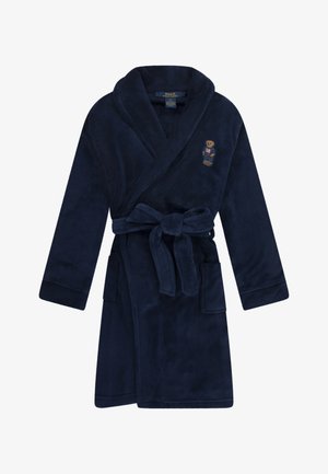Tumši zila peldmanteļa soft fleece materiāls ar jostu, divām priekšējām kabatām un mazu izšūtu lāča logo uz krūts.
