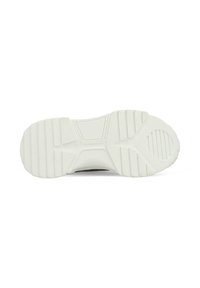 White sneaker sole featuring a textured rubber surface, distinct tread patterns, and smooth edges, providing grip and stability.