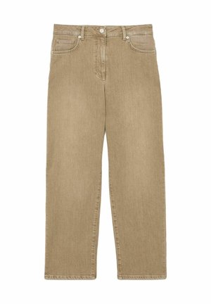 Beežid sirgete säärega teksapüksid ees oleva nupu ja tõmblukuga, kahe eesmise tasku ja vööaasadega, asetatud valgele taustale.