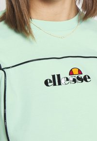 Mintgrön T-skjorta med kort ärm som har en svart omlindad logotyp med en färgglad solgrafik. Slät bomullstextur med avslappnad passform.