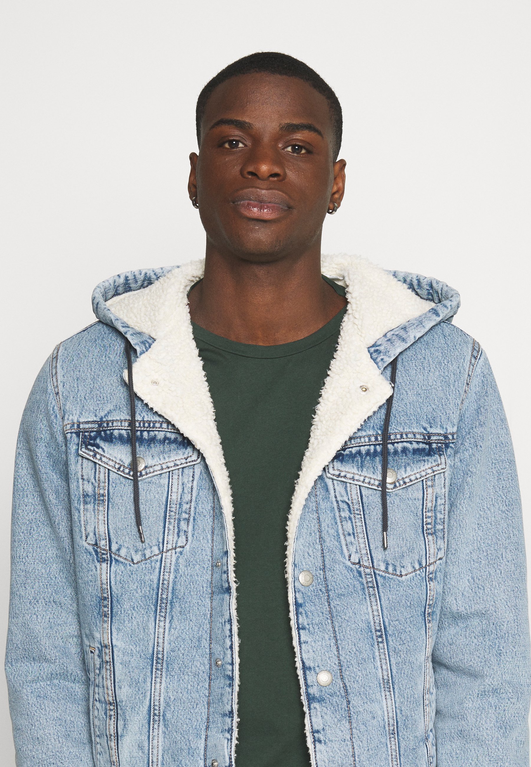 blue jean jacket with fur hood