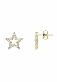 Gold-tone star-shaped earrings featuring clear gemstones arranged in a star pattern, with a push-back stud. Smooth metal finish.