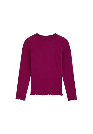Haut à manches longues en magenta vibrant, fabriqué en tissu côtelé, avec un col rond et un ourlet festonné.
