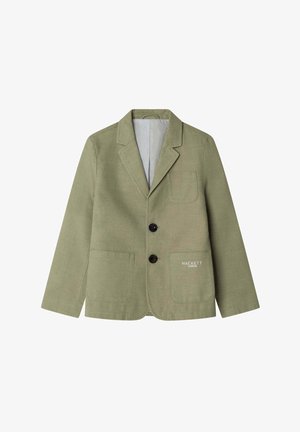 Olive green blazer made of textured fabric featuring two front pockets, two black buttons, and a branded logo on the lower left pocket.