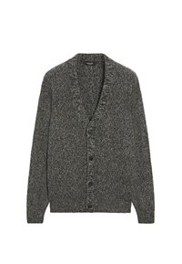 Grå stickad kofta med V-ringning, långa ärmar och sex knappar fram. Texturerat tyg med en mjuk finish och avslappnad passform.