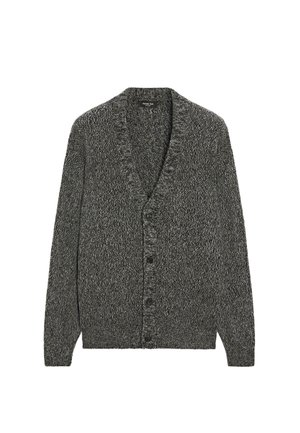 Šedý pletený kardigan s výstřihem do V, dlouhými rukávy a šesti knoflíky vpředu. Texturovaná látka s měkkým povrchem a volným střihem.