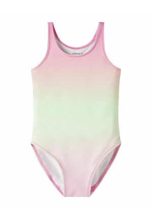 Maillot de bain une pièce sans manches pour filles avec dégradé rose et vert clair, surpiqûres roses et encolure ronde.
