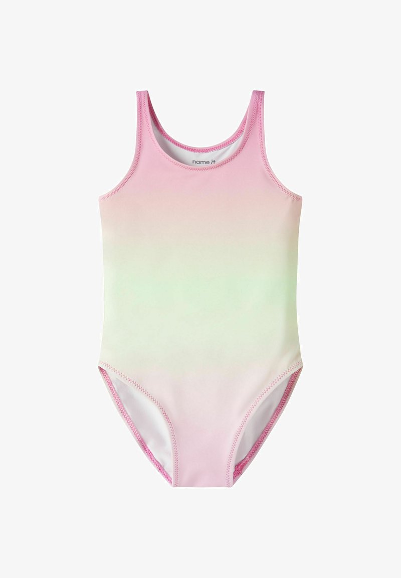 Maillot de bain une pièce sans manches pour filles avec dégradé rose et vert clair, surpiqûres roses et encolure ronde.