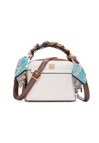 Borsa a mano in pelle bianca con dettagli marroni, dotata di un manico con foulard a fantasia. Forma strutturata con logo dorato e tracolla regolabile.