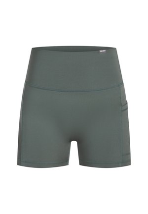Grüne hoch-taillierte Shorts aus dehnbarem Material. Mit glatter Textur, tailliertem Design und Seitentaschen. Keine sichtbaren Muster oder Akzente.