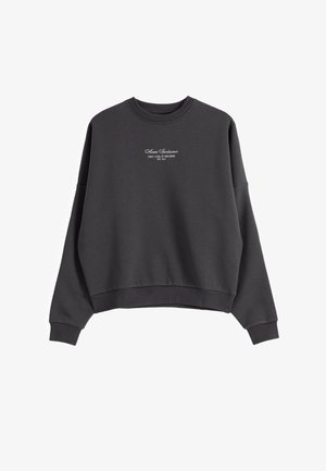 Dark gray crewneck sweatshirt with long sleeves, ribbed cuffs and hem, and small white text logo centered on the chest.