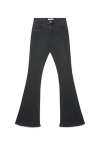 Jeans neri a zampa d'elefante con vita alta, cinque tasche e chiusura con bottone. Realizzati in denim strutturato con un'ampia apertura della gamba all'orlo.