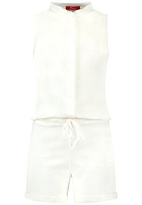 White sleeveless jumpsuit with a stand collar, front button closure, drawstring waist, and textured floral patterns throughout.